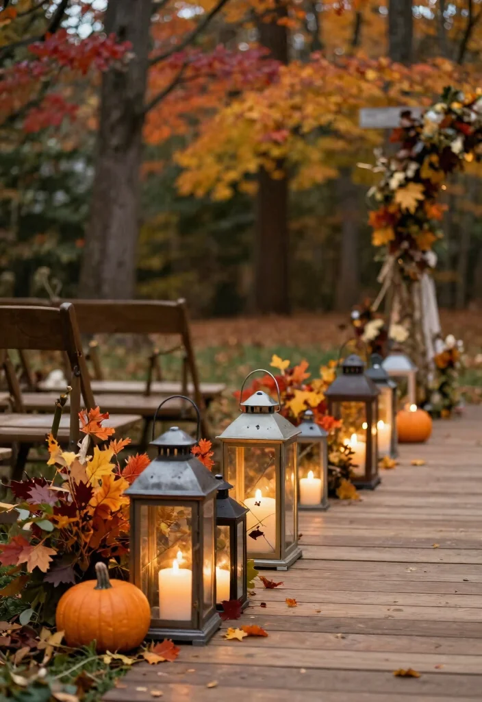 14 Fall Wedding Aisle Decorations Ideas With Cozy Vibes - 1. Rustic Lanterns with Seasonal Foliage 1