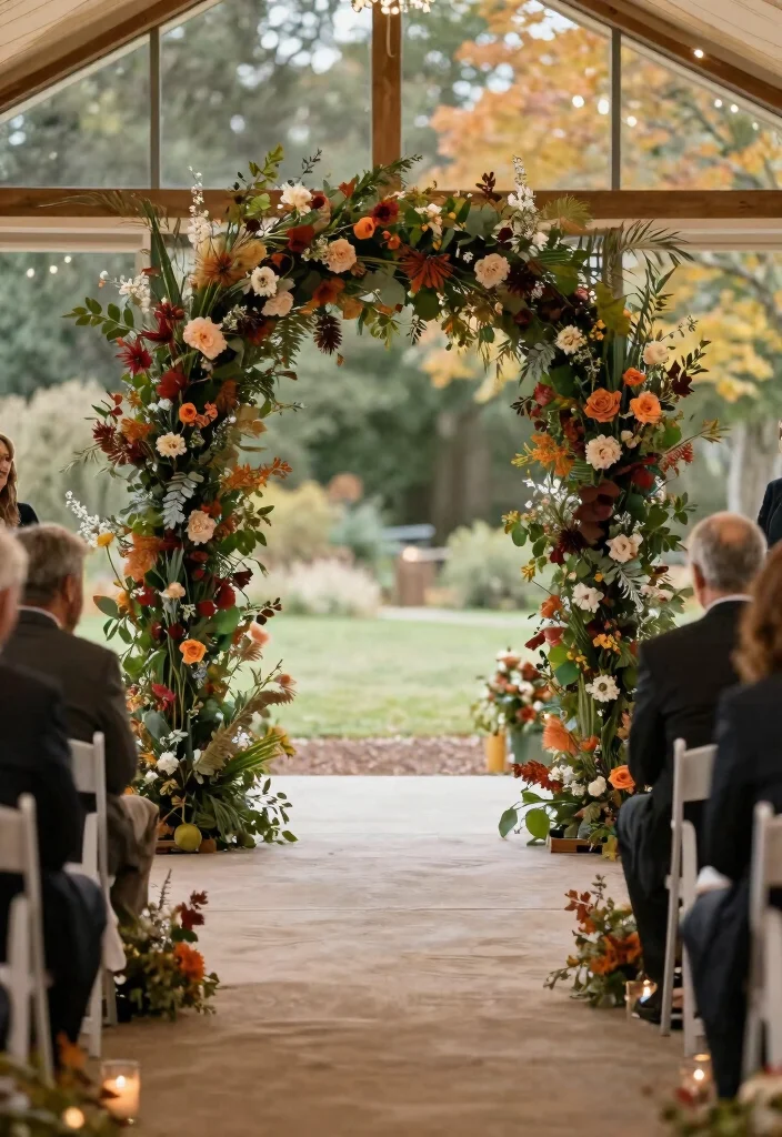 14 Fall Wedding Aisle Decorations Ideas With Cozy Vibes - 11. Floral and Foliage Arches 1
