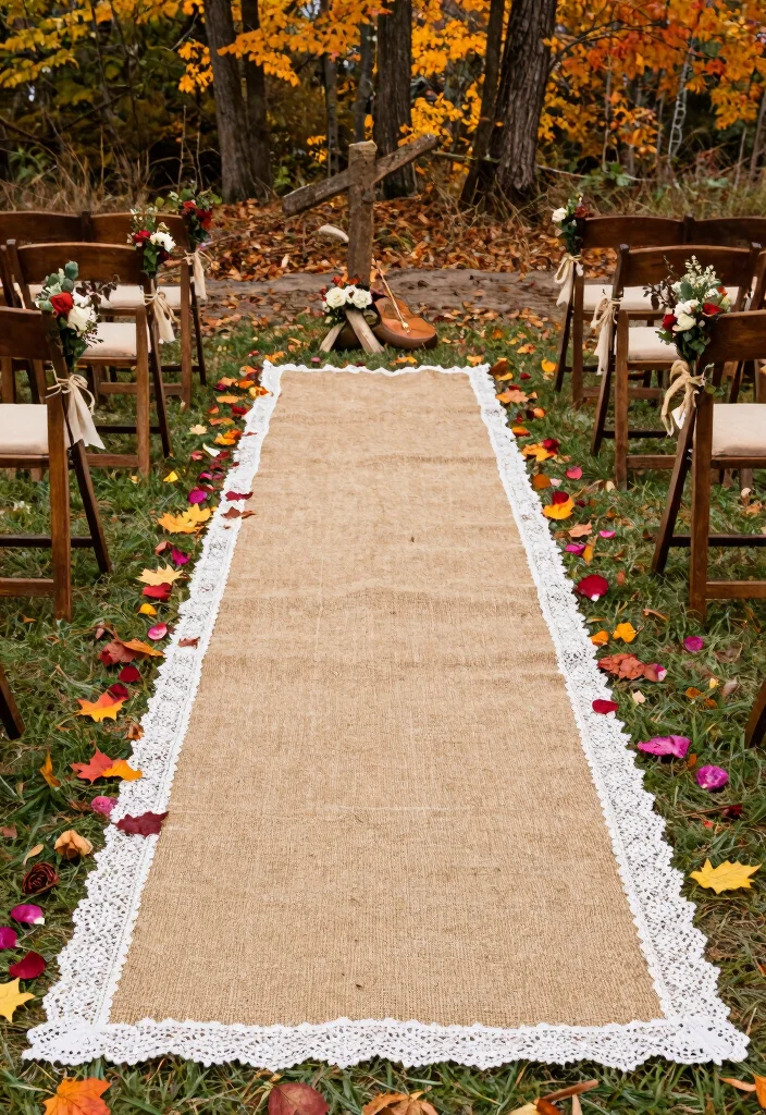 14 Fall Wedding Aisle Decorations Ideas With Cozy Vibes - 2. Burlap and Lace Runners 1