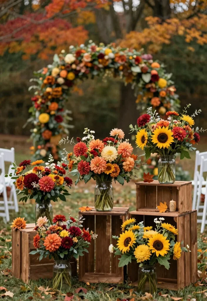14 Fall Wedding Aisle Decorations Ideas With Cozy Vibes - 3. Fall Flower Arrangements 1