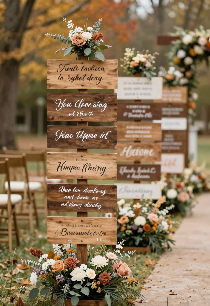14 Fall Wedding Aisle Decorations Ideas With Cozy Vibes - 5. Wooden Signs with Calligraphy 1