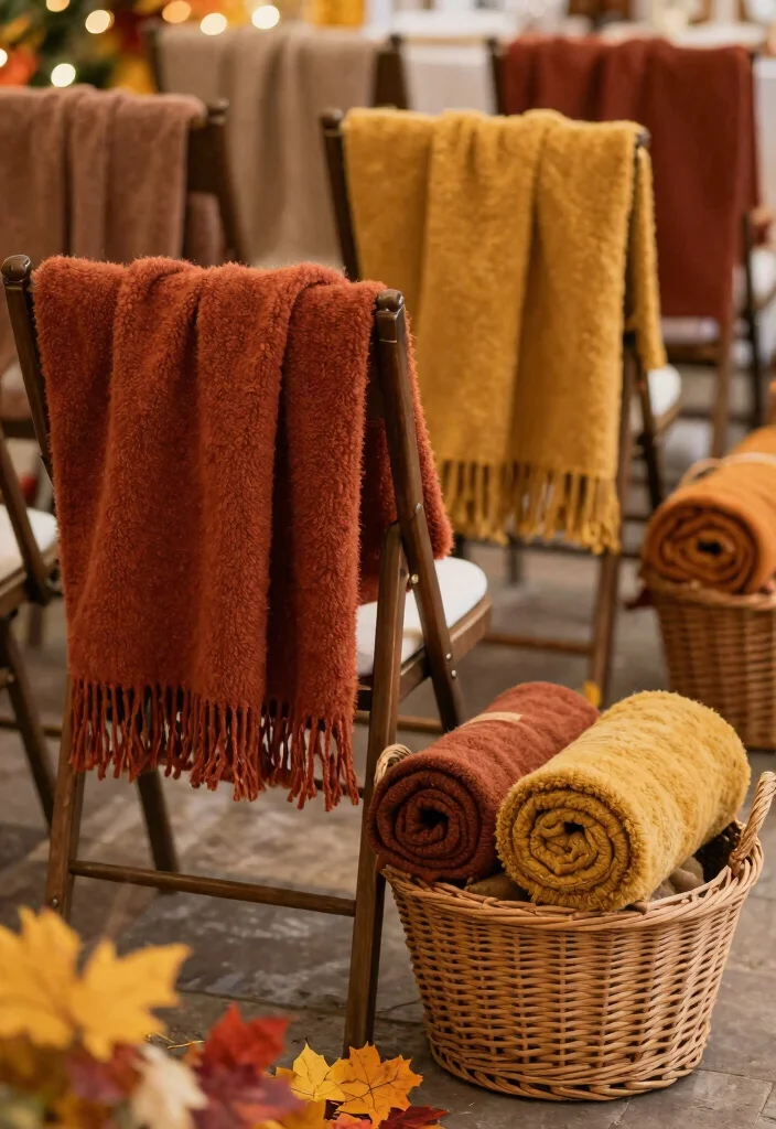 14 Fall Wedding Aisle Decorations Ideas With Cozy Vibes - 7. Cozy Blankets for Guests 1