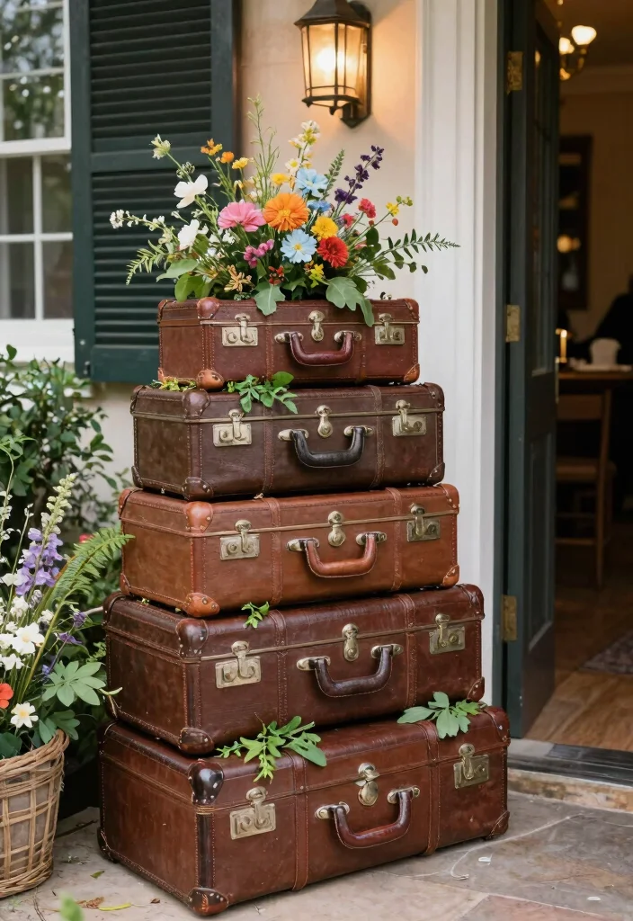 14 Wedding Door Decorations Ideas That Wow From the Start 47 14 Wedding Door Decorations Ideas That Wow From the Start - 7. Vintage Suitcases Display 1