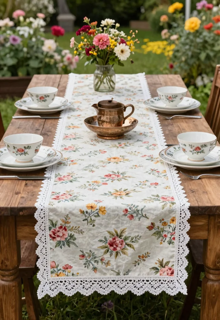 14 Wedding Table Runner Ideas That Elevate Every Setting - 4. Upcycled Vintage Tablecloths 1
