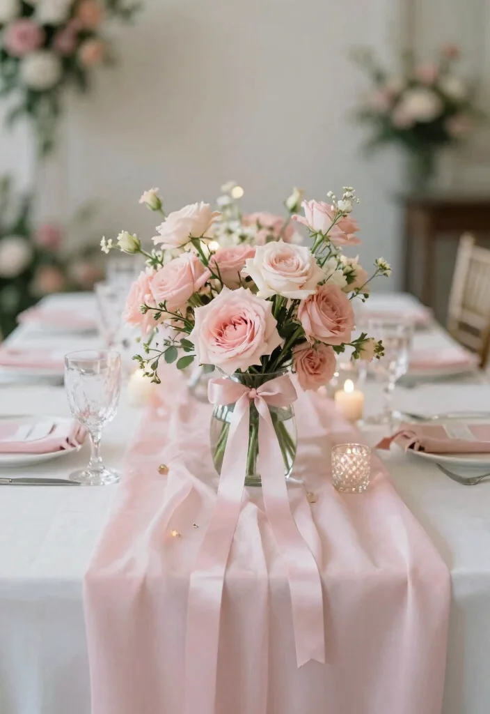15 Blush Pink Wedding Centerpieces Ideas With Soft Romance - 11. Delicate Ribbons and Fabrics 1