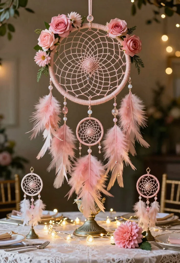 15 Blush Pink Wedding Centerpieces Ideas With Soft Romance - 3. Bohemian Dream Catchers 1