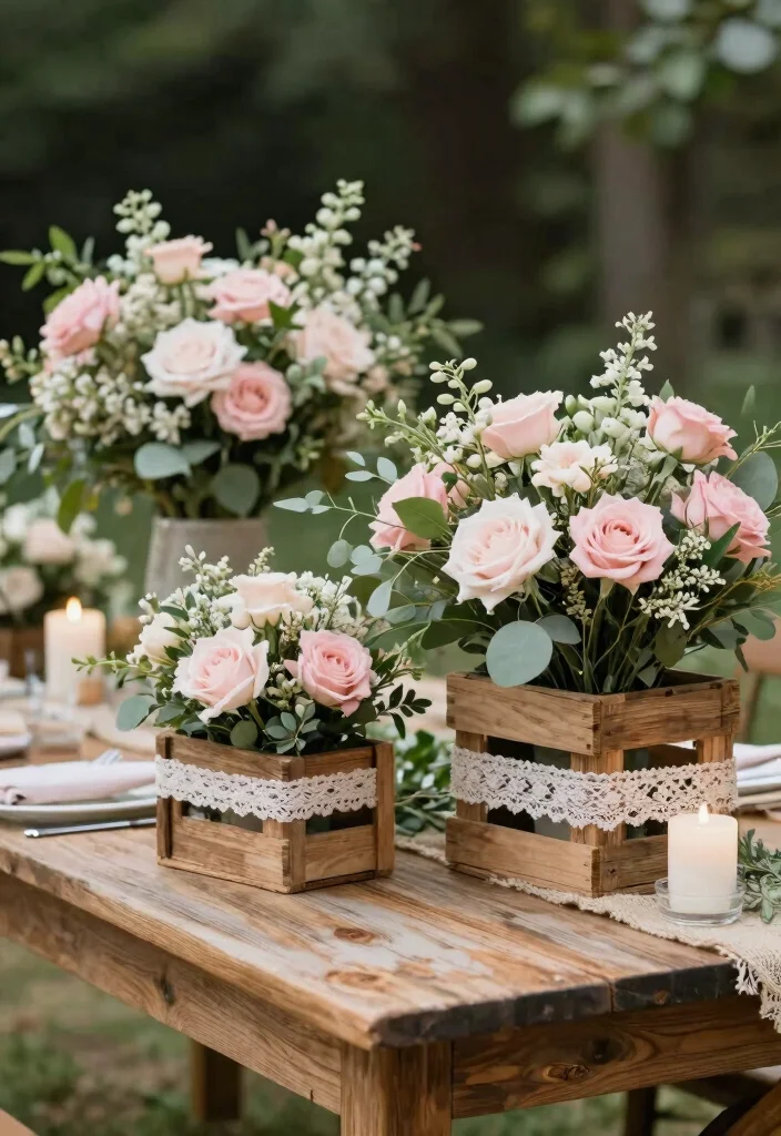 15 Blush Pink Wedding Centerpieces Ideas With Soft Romance - 5. Rustic Wooden Crates 1