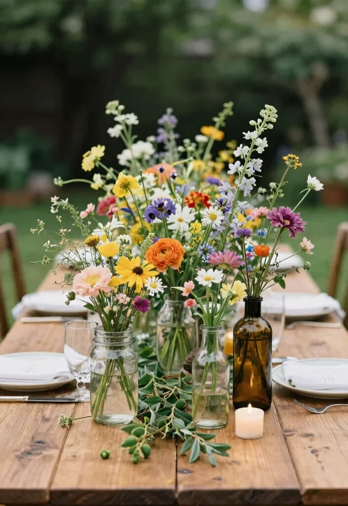 15 Boho Wedding Table Ideas With Free Spirited Style - 2. Wildflower Centerpieces 1