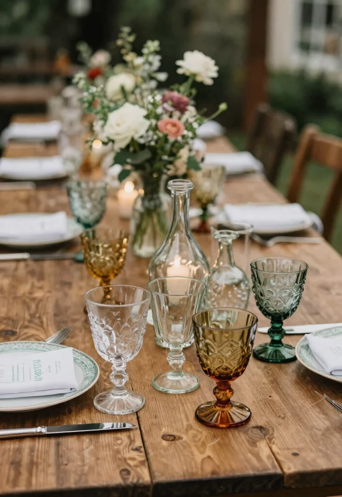 15 Boho Wedding Table Ideas With Free Spirited Style - 4. Vintage Glassware 1