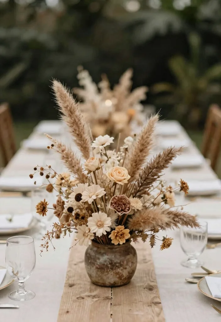 15 Boho Wedding Table Ideas With Free Spirited Style - 8. Dried Flowers and Grasses 1