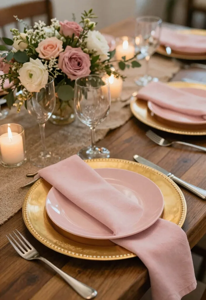 15 Pink and Gold Wedding Decorations Ideas With Glam Touch - 2. Elegant Gold Charger Plates 1