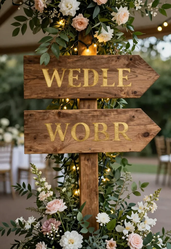 15 Pink and Gold Wedding Decorations Ideas With Glam Touch - 4. Rustic Wooden Signage with Gold Accents 1