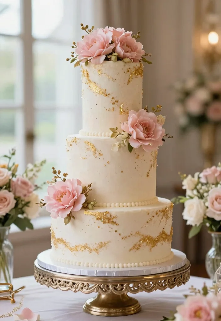 15 Pink and Gold Wedding Decorations Ideas With Glam Touch - 5. Gold Accented Wedding Cake 1
