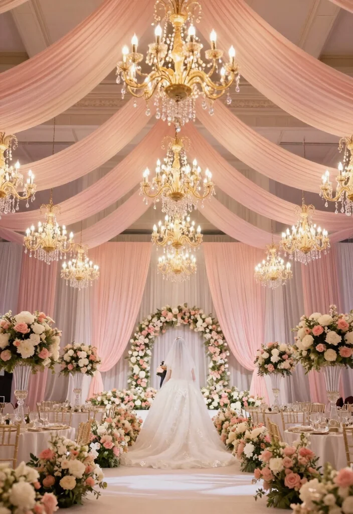 15 Pink and Gold Wedding Decorations Ideas With Glam Touch - 6. Blush Pink Drapery and Gold Fixtures 1