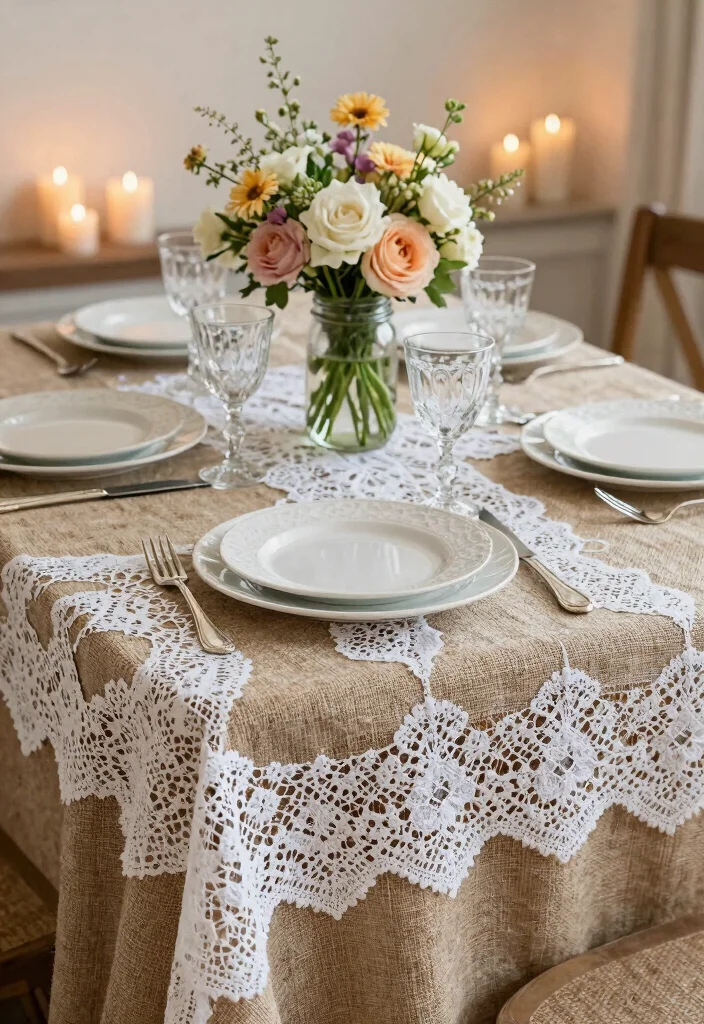 15 Romantic Vintage Wedding Decorations Ideas With Old World Glam - 1. Lace and Burlap Table Settings 1