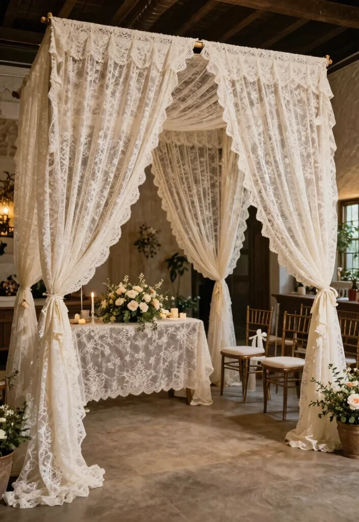 15 Romantic Vintage Wedding Decorations Ideas With Old World Glam - 11. Vintage Lace Draping 1