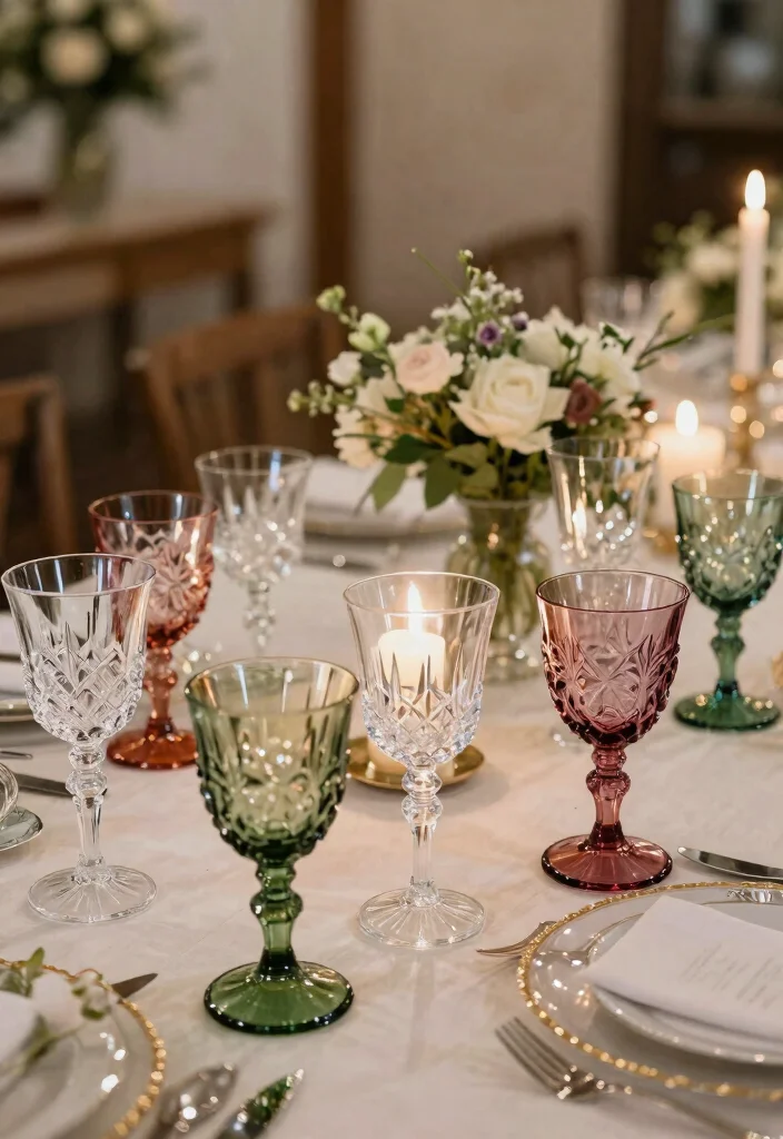 15 Romantic Vintage Wedding Decorations Ideas With Old World Glam - 3. Vintage Glassware 1