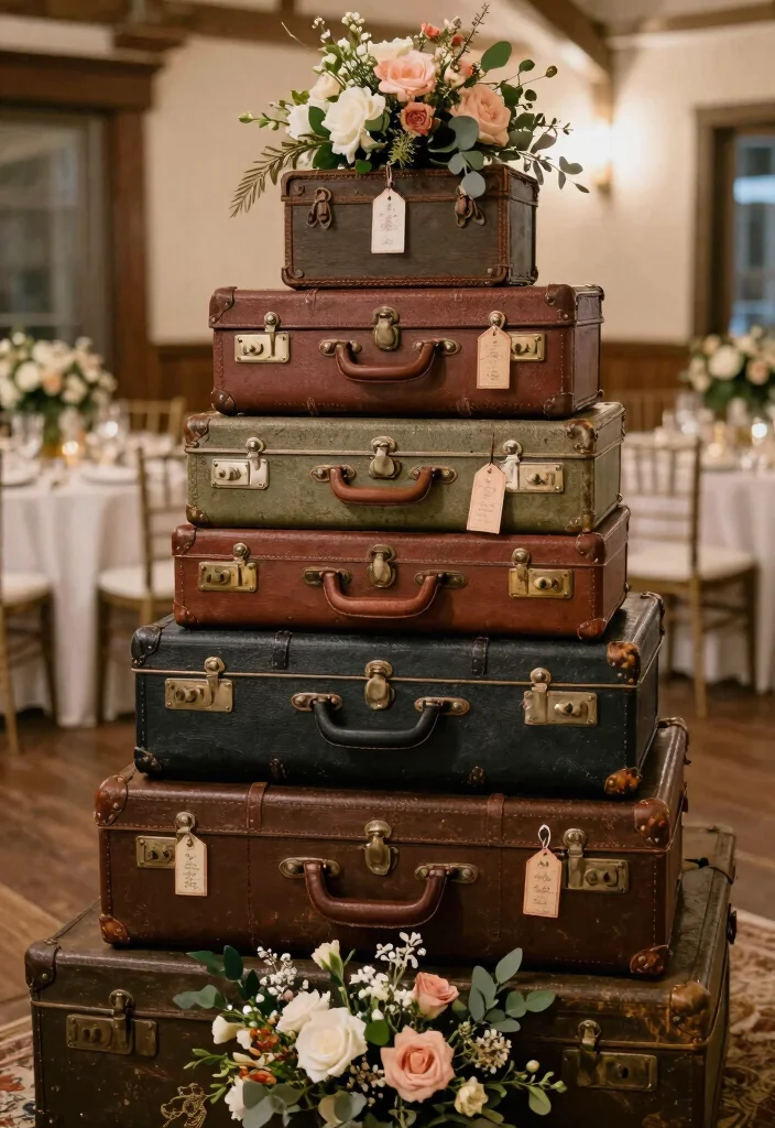 15 Romantic Vintage Wedding Decorations Ideas With Old World Glam - 6. Vintage Suitcases as Decor 1