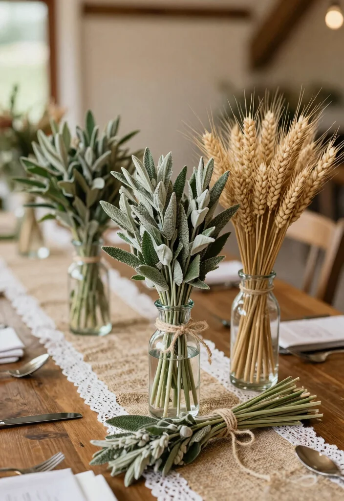 15 Sage Centerpieces Wedding Ideas With Earthy Elegance - 12. Sage and Wheat Bundles 1