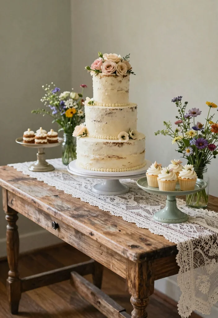 15 Wedding Cake Table Ideas That Steal the Spotlight 1 15 Wedding Cake Table Ideas That Steal the Spotlight - 1. Vintage Wood and Lace 1