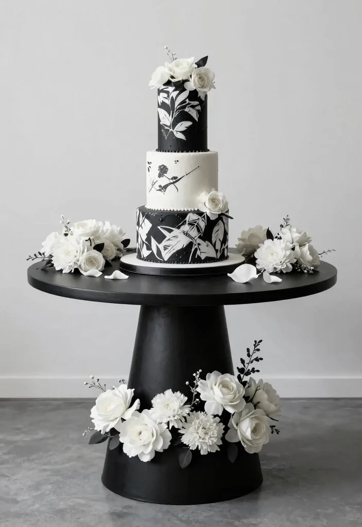 15 Wedding Cake Table Ideas That Steal the Spotlight 63 15 Wedding Cake Table Ideas That Steal the Spotlight - 13. Elegant Monochrome 1
