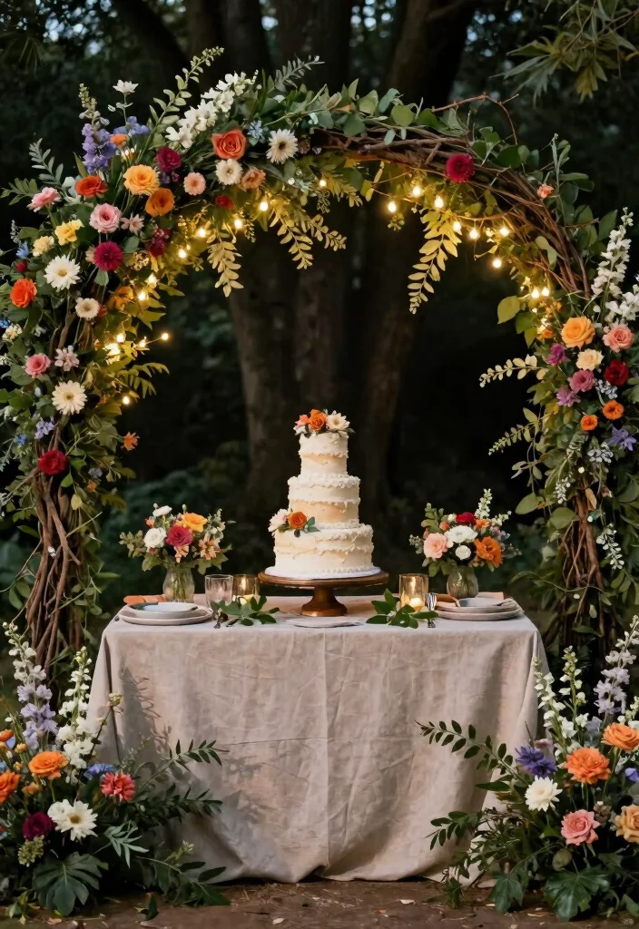 15 Wedding Cake Table Ideas That Steal the Spotlight 37 15 Wedding Cake Table Ideas That Steal the Spotlight - 7. Rustic Floral Arches 1