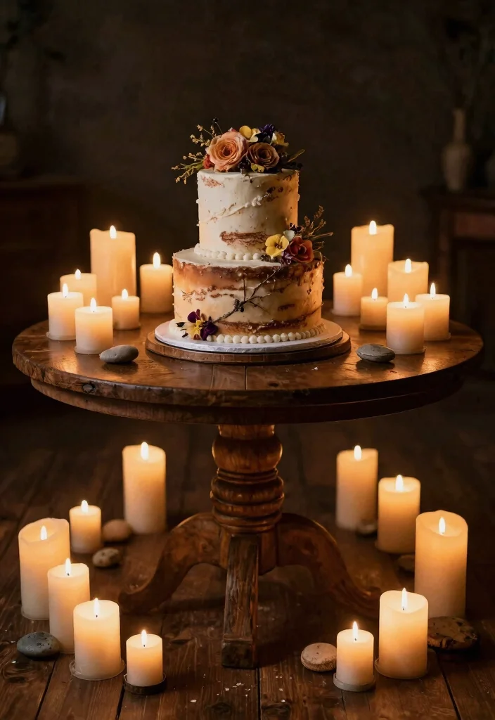 15 Wedding Cake Table Ideas That Steal the Spotlight 49 15 Wedding Cake Table Ideas That Steal the Spotlight - 9. Rustic Candlelit Ambiance 1