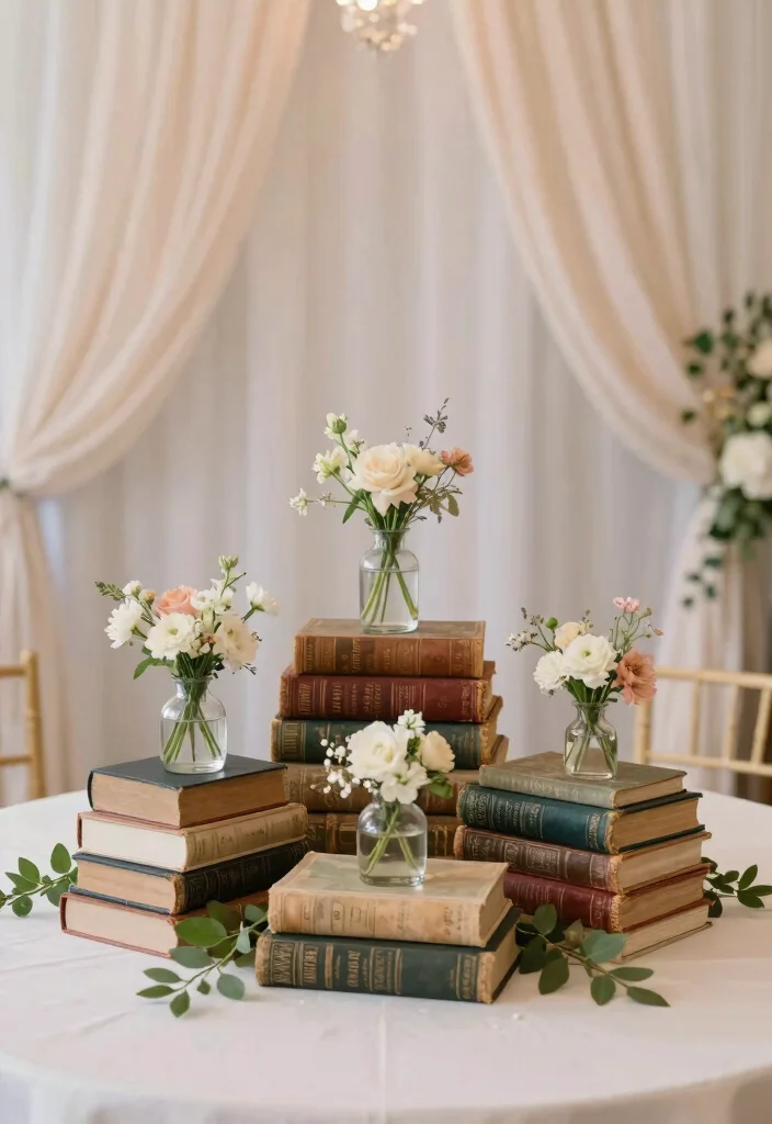 15 Wedding Table Toppers Ideas That Add Stunning Detail - 11. Quirky Book Stack Centerpieces 1