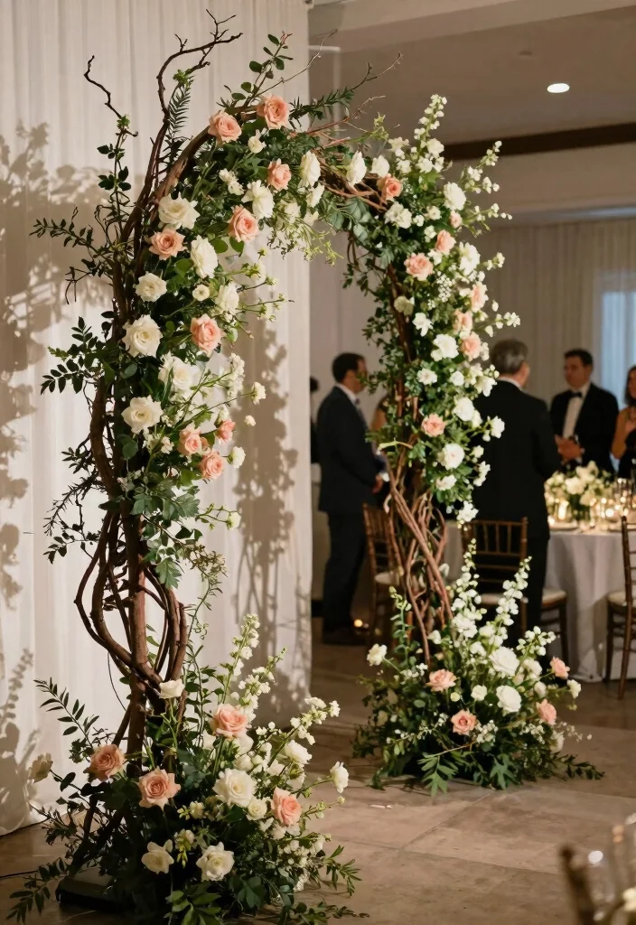 16 Backdrop Ideas for Wedding Reception That Shine Beautifully - 10. Twisted Branch and Floral Focal Point 1