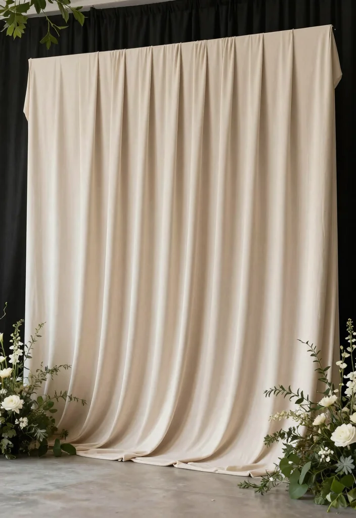 16 Backdrop Ideas for Wedding Reception That Shine Beautifully - 14. Minimalist Fabric Panel 1