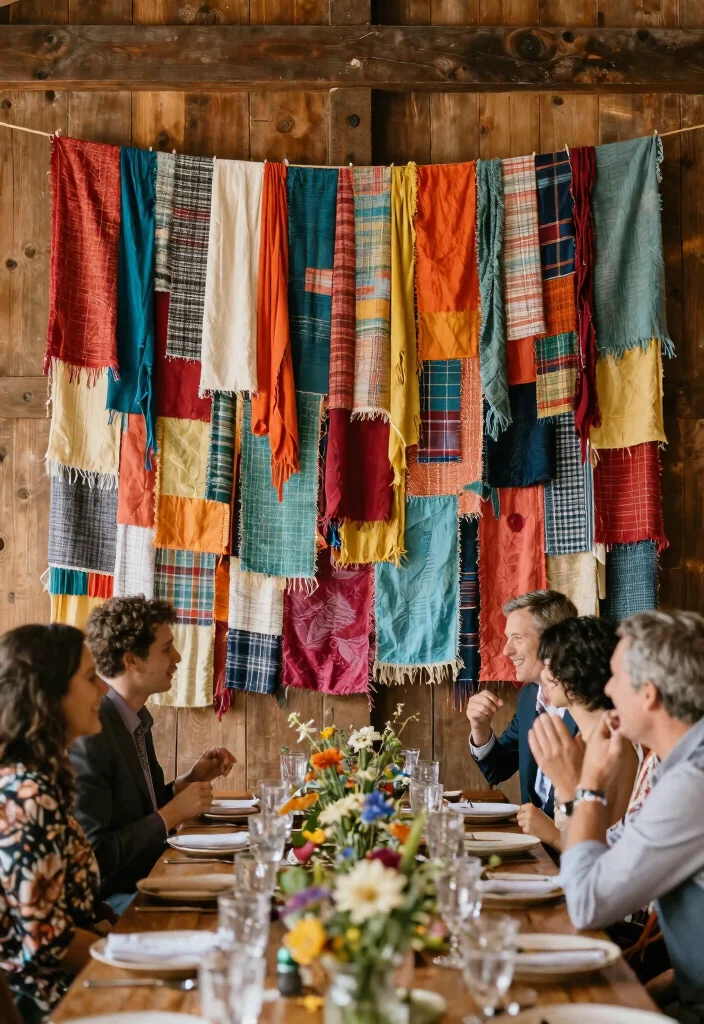 16 Backdrop Ideas for Wedding Reception That Shine Beautifully - 7. Recycled Fabric Wall 1