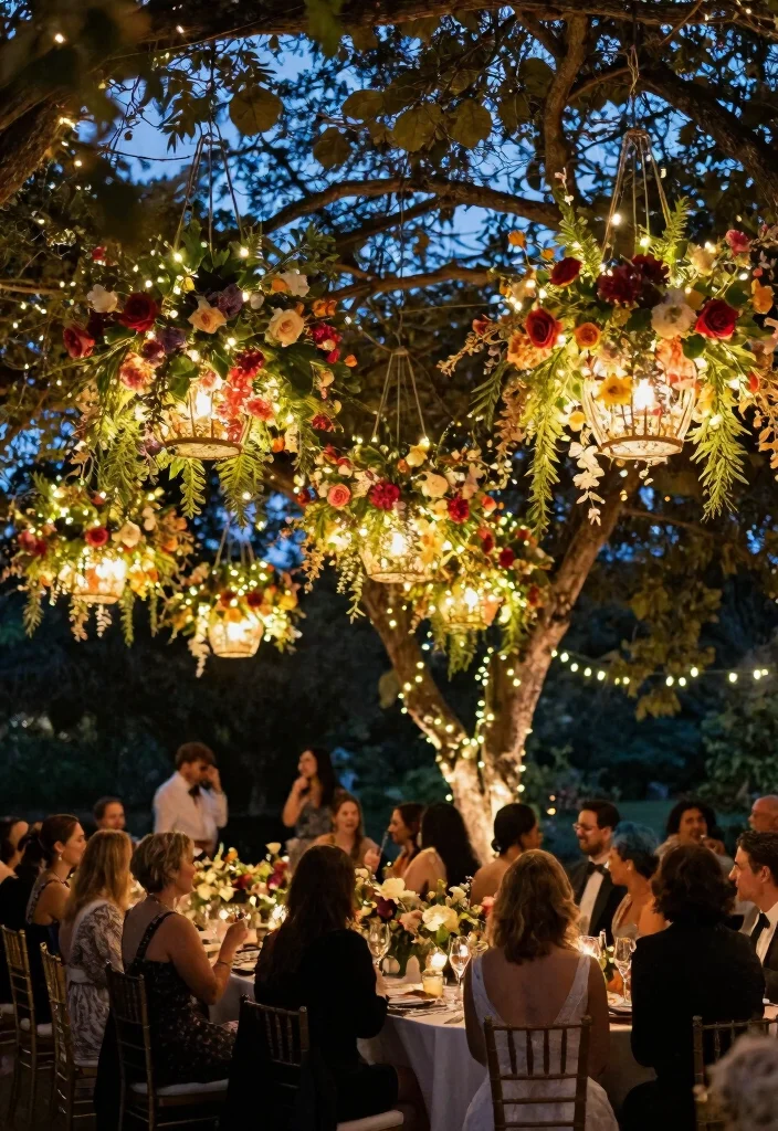 16 Backdrop Ideas for Wedding Reception That Shine Beautifully - 9. Hanging Floral Lanterns 1