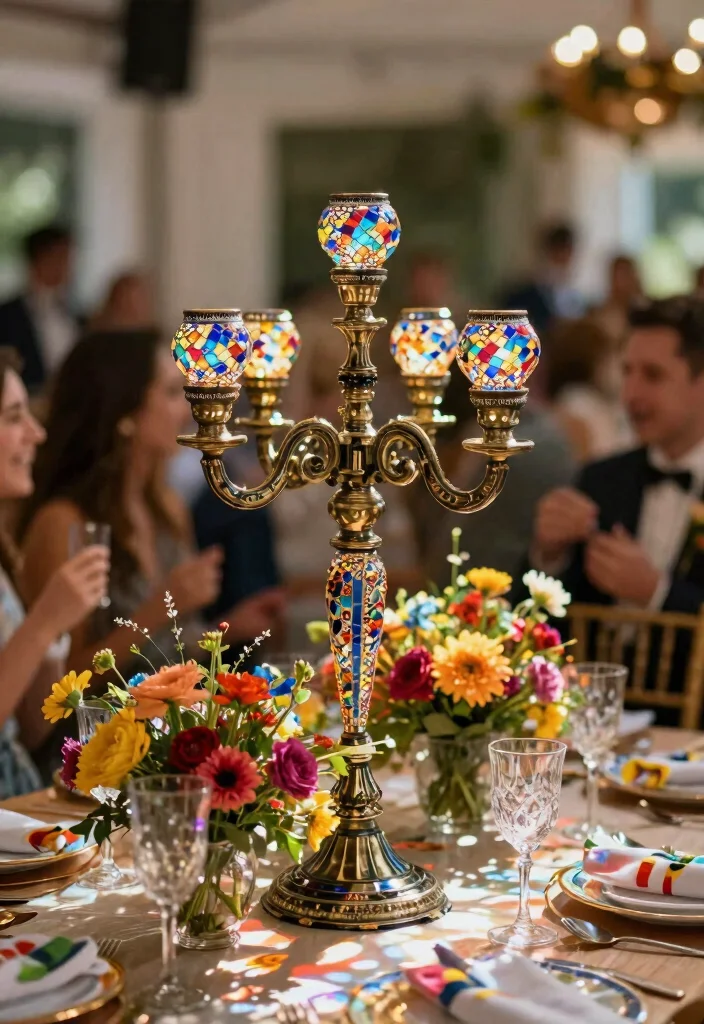 16 Candelabra Wedding Centerpieces Ideas That Glow Elegantly - 14. Colorful Mosaic Candelabra 1
