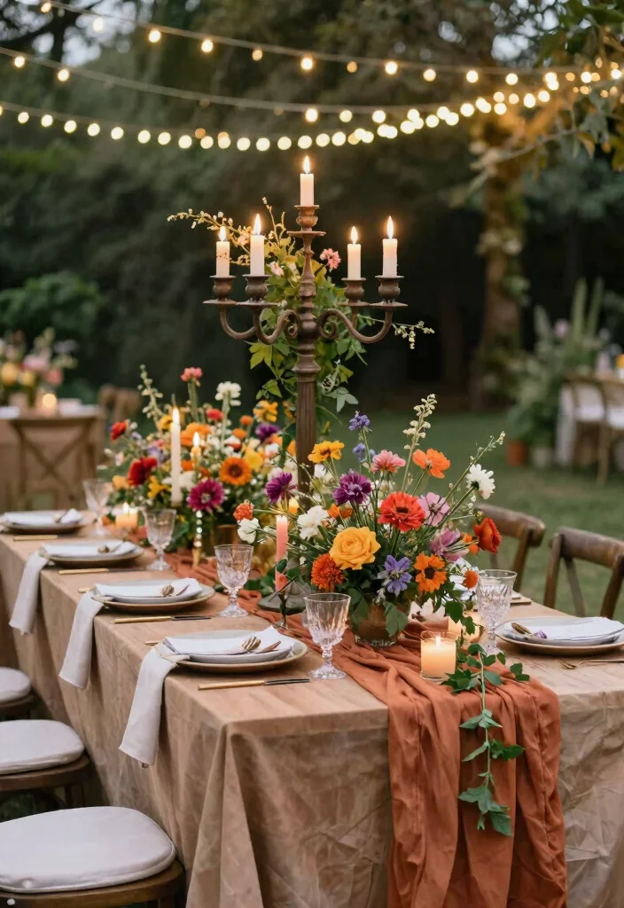 16 Candelabra Wedding Centerpieces Ideas That Glow Elegantly - 4. Bohemian Chic Candelabra 1