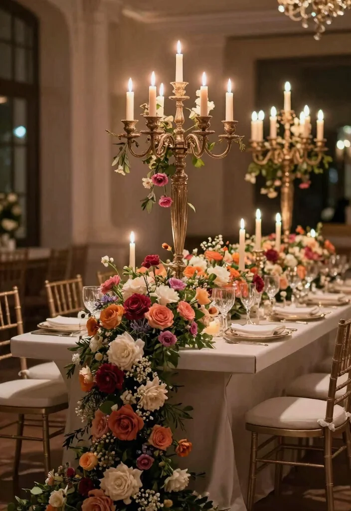 16 Candelabra Wedding Centerpieces Ideas That Glow Elegantly - 9. Floral Cascade Candelabra 1