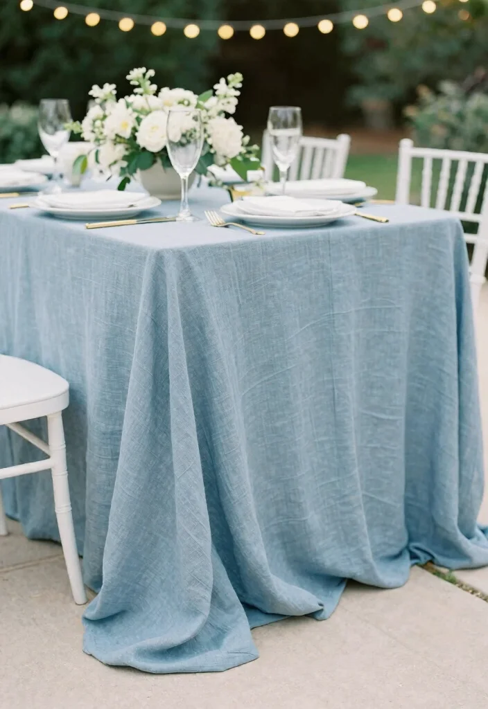 16 Dusty Blue Wedding Table Decor Ideas With Soft Elegance - 1. Flowing Dusty Blue Tablecloths 1
