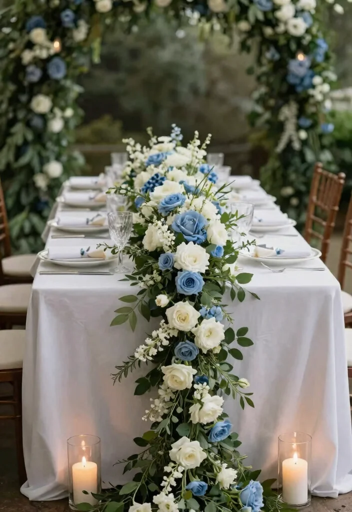16 Dusty Blue Wedding Table Decor Ideas With Soft Elegance - 10. Floral Garlands 1