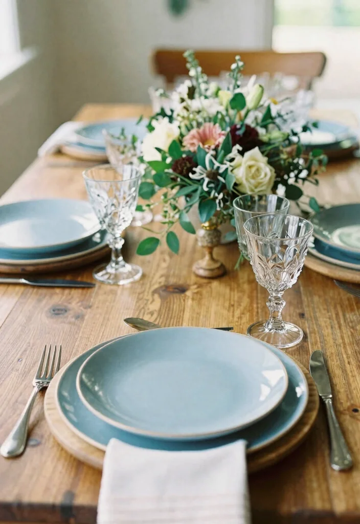 16 Dusty Blue Wedding Table Decor Ideas With Soft Elegance - 11. Rustic Wood Accents 1