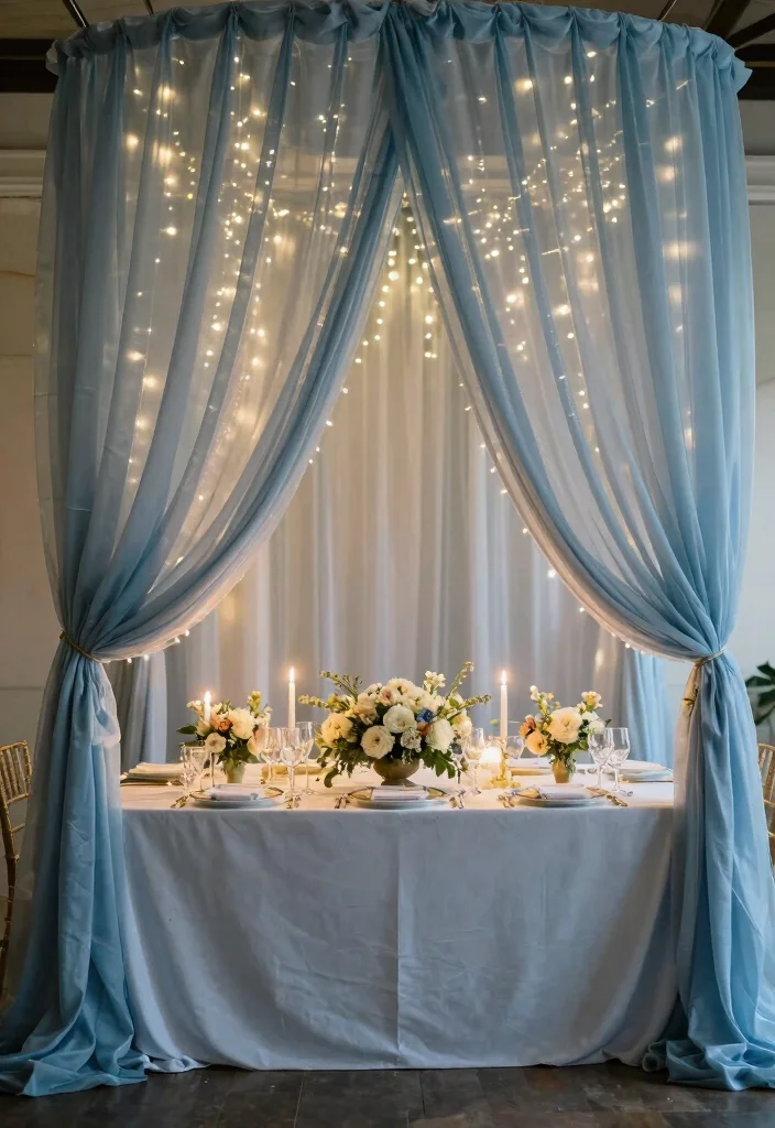 16 Dusty Blue Wedding Table Decor Ideas With Soft Elegance - 12. Dreamy Drapery 1