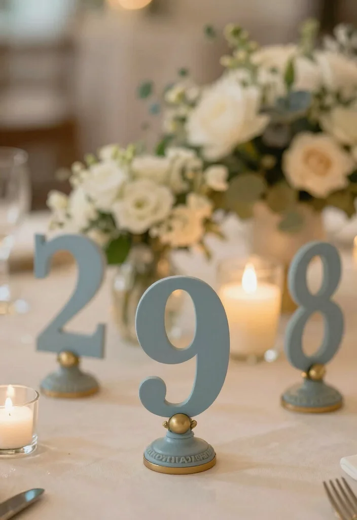 16 Dusty Blue Wedding Table Decor Ideas With Soft Elegance - 13. Dusty Blue Table Numbers 1