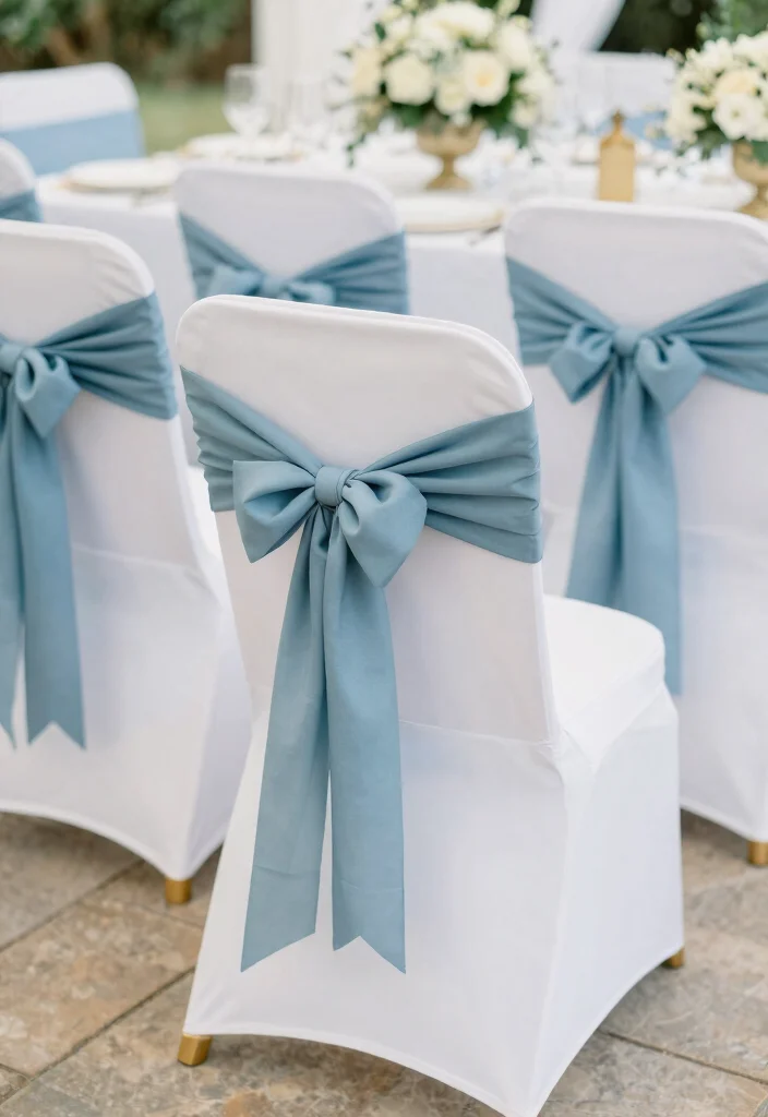 16 Dusty Blue Wedding Table Decor Ideas With Soft Elegance - 14. Dusty Blue Sashes 1