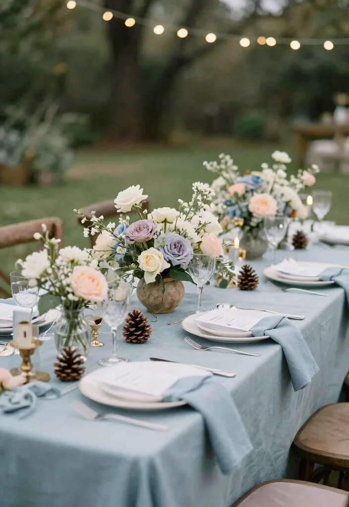 16 Dusty Blue Wedding Table Decor Ideas With Soft Elegance - 15. Seasonal Touches 1