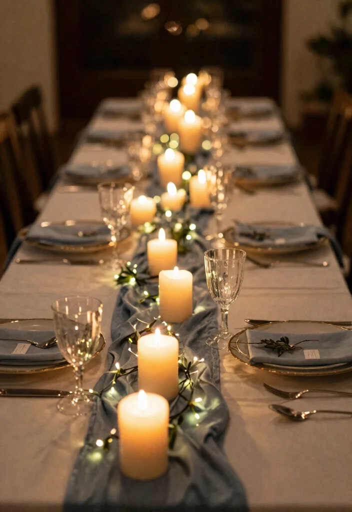 16 Dusty Blue Wedding Table Decor Ideas With Soft Elegance - 16. Soft Lighting 1