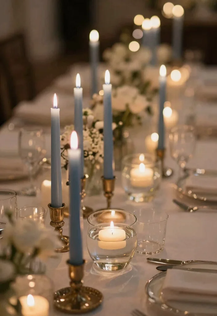 16 Dusty Blue Wedding Table Decor Ideas With Soft Elegance - 5. Romantic Candle Arrangements 1