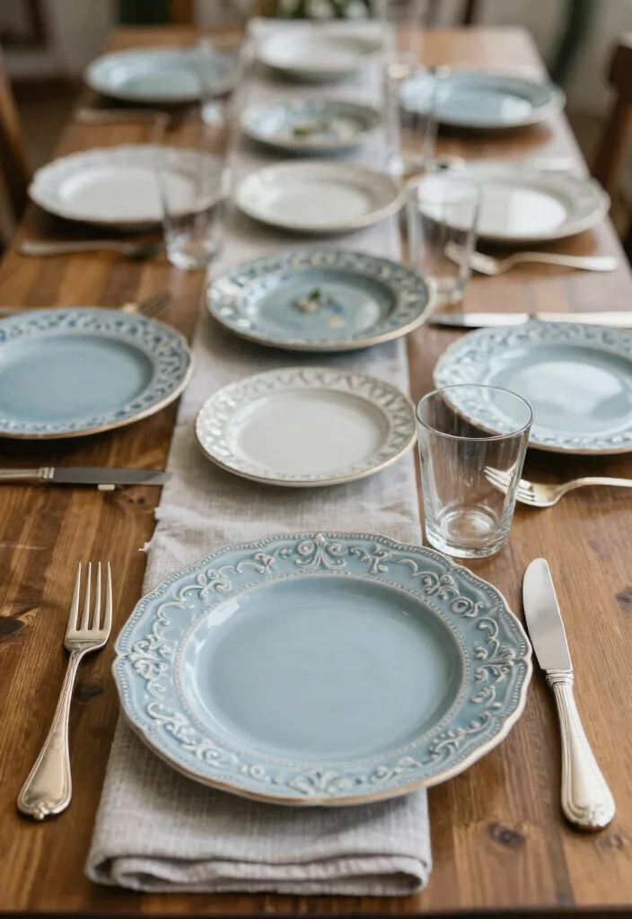 16 Dusty Blue Wedding Table Decor Ideas With Soft Elegance - 6. Vintage Tableware 1