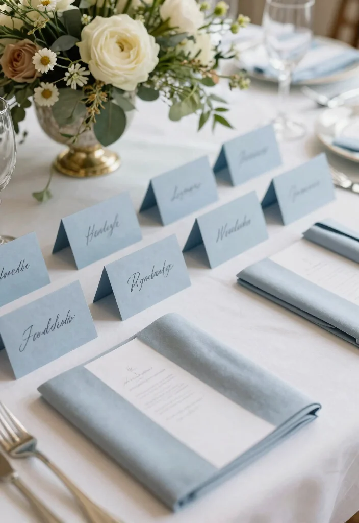 16 Dusty Blue Wedding Table Decor Ideas With Soft Elegance - 7. Elegant Place Cards 1