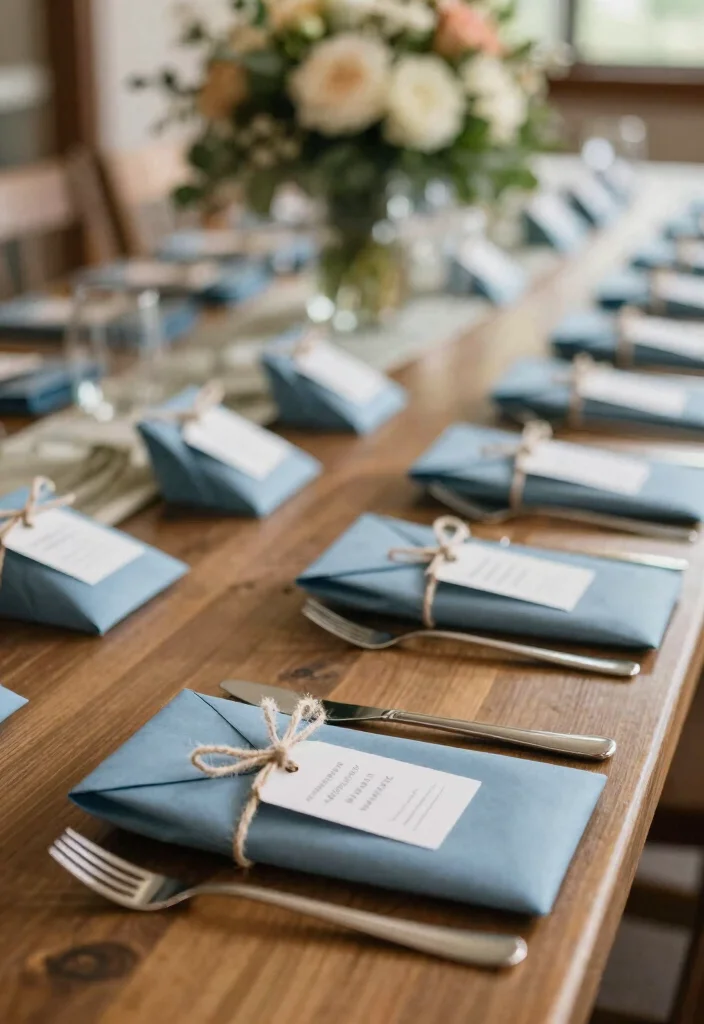 16 Dusty Blue Wedding Table Decor Ideas With Soft Elegance - 9. Personalized Favors 1
