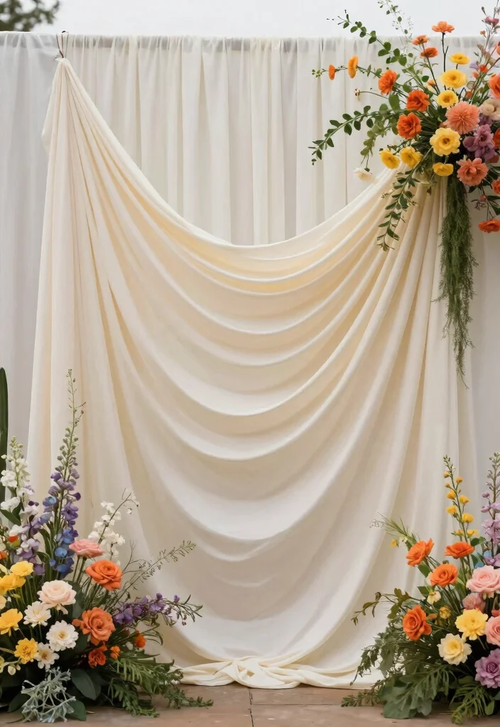 16 Wedding Backdrop Design Simple Ideas That Look Elegant - 15. Fabric and Floral Combo 1