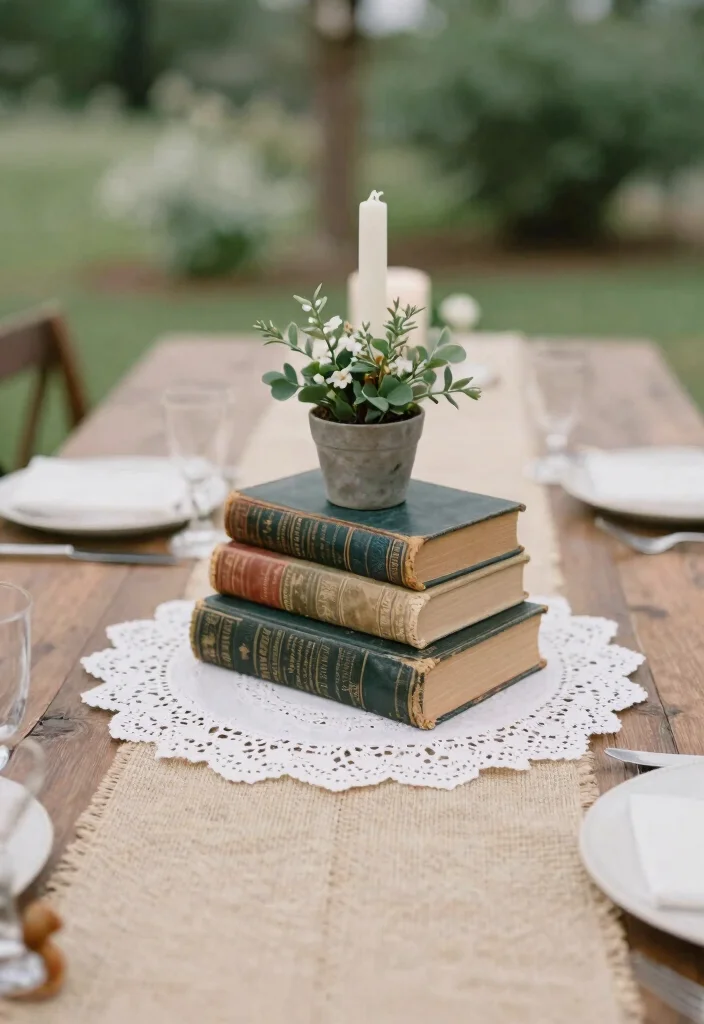 16 Wedding Centerpieces Ideas Round Table That Look Stunning - 1. Vintage Book Stack Centerpiece 1