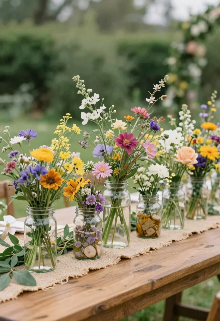 16 Wedding Centerpieces Ideas Round Table That Look Stunning - 2. Recycled Glass Jars with Wildflowers 1